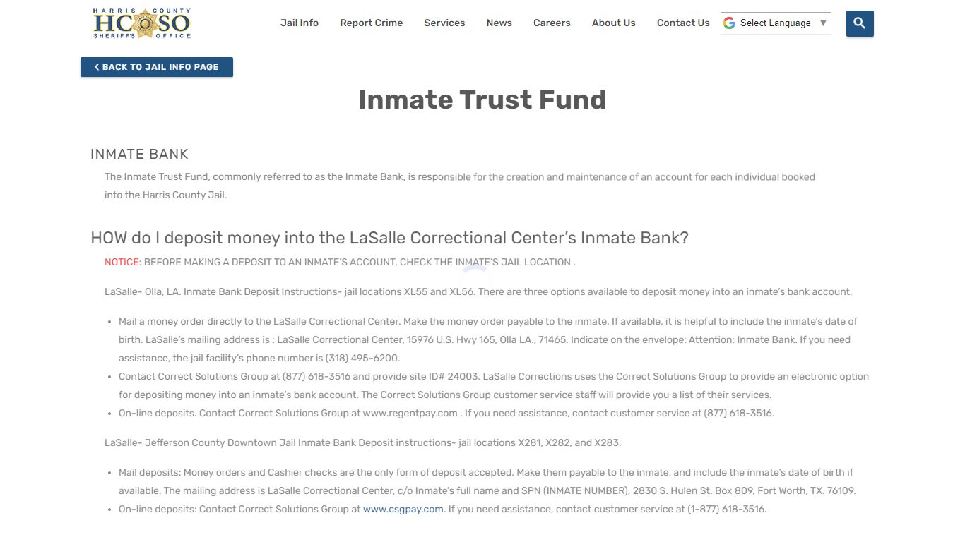 Inmate Trust Fund—Harris County Texas Sheriff's Office